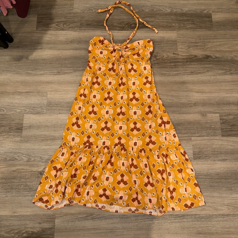 Aerie Linen Blend Braided Halter Maxi Sundress Boho Orange‎ XL Smocked